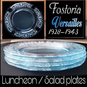 4 Vintage Fostoria Versailles etched Azure clear blue Luncheon / salad p…